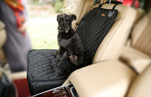 Chien assis dans un tapis d'assise épais et imperméable pour voiture, avec siège en cuir beige en arrière-plan.