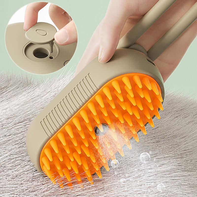 Brosse vapeur électrique pour animaux avec bouton et picots, idéale pour le toilettage et le retrait des poils.