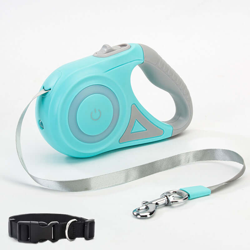 Laisse rétractable pour chiens avec collier automatique et lumières LED, main tenant le dispositif.