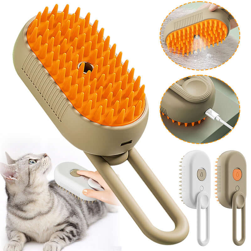 Brosse vapeur électrique pour animaux avec bouton et picots, idéale pour le toilettage et le retrait des poils.