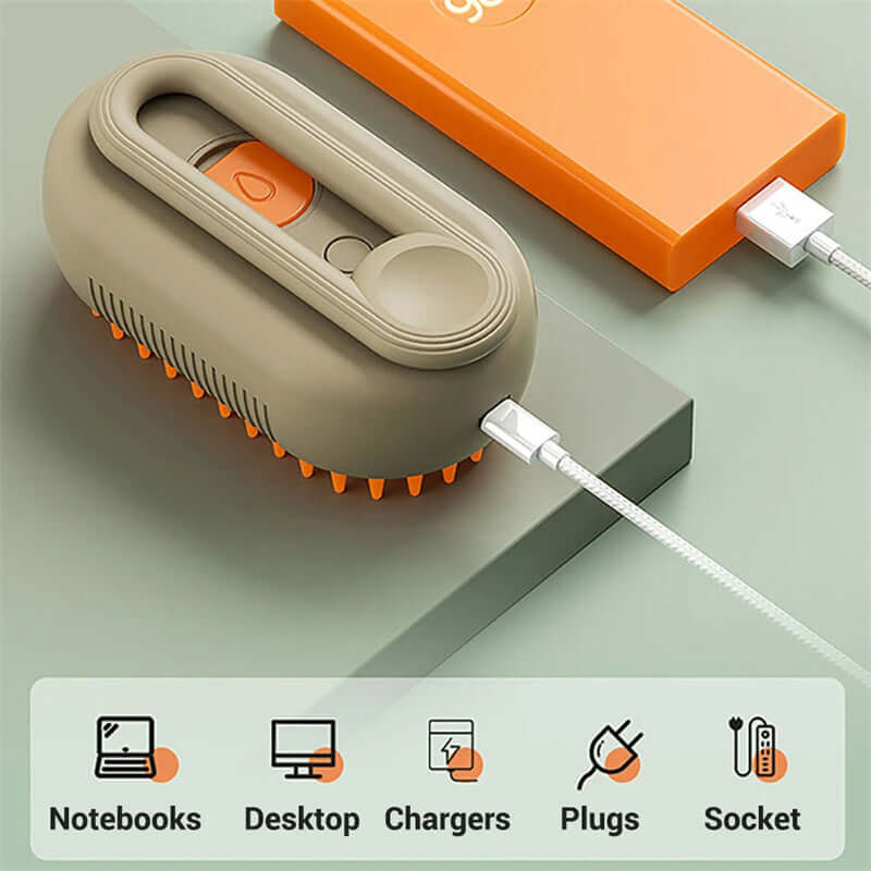 Brosse vapeur électrique pour animaux avec bouton et picots, idéale pour le toilettage et le retrait des poils.