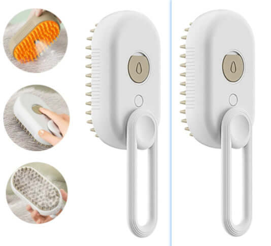 Brosse vapeur électrique pour animaux avec bouton et picots, idéale pour le toilettage et le retrait des poils.