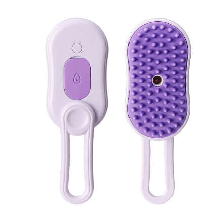 Brosse vapeur électrique pour animaux avec bouton et picots, idéale pour le toilettage et le retrait des poils.