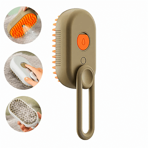 Brosse vapeur électrique pour animaux avec bouton et picots, idéale pour le toilettage et le retrait des poils.